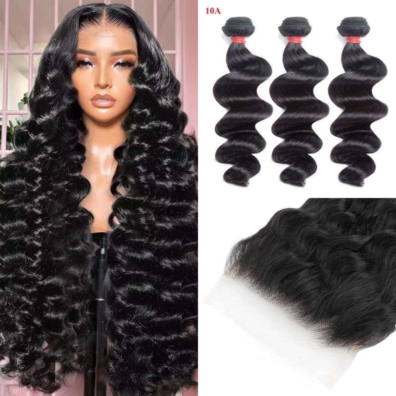 Offre complète 3 boules de Cheveux Vierge avec closure HD 6x6 - Loose Wave